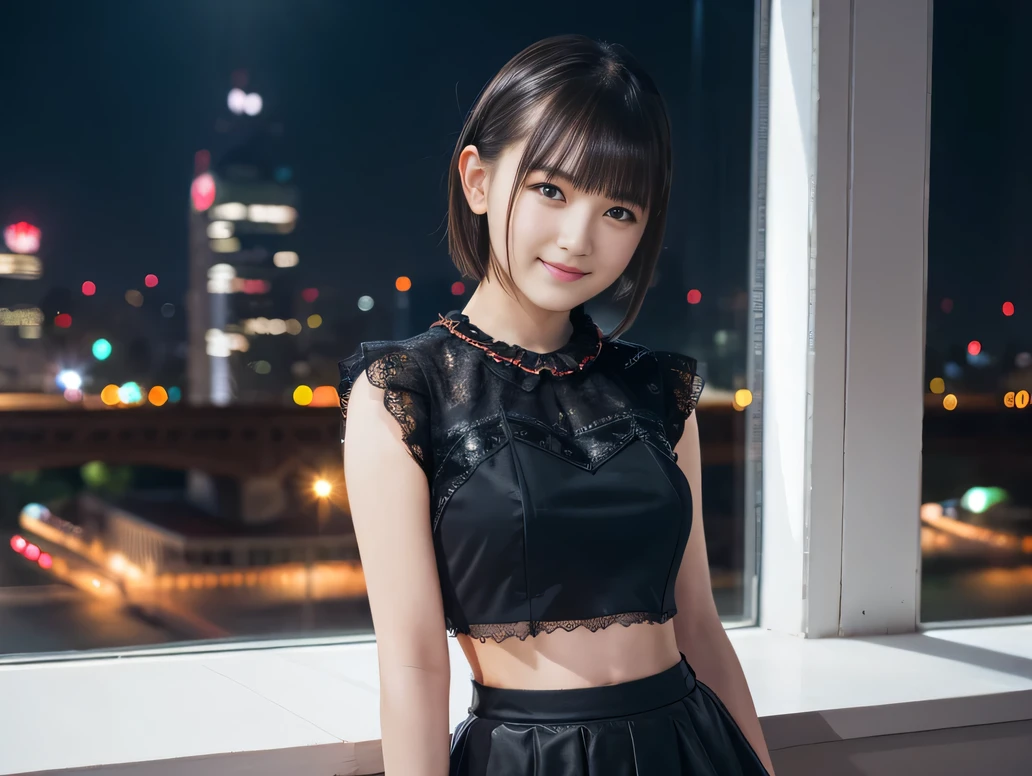 (8K, RAW Photos:1.2), Detailed face and eyes,最high quality, Ultra-high resolution, Very detailed ,Intricate details ,Tabletop ,pretty girl ,Round eyes、 Soft cinematic light, Hyper Detail,Sharp focus, high quality, Brown Hair,((Bobcut))、(Straight bangs)、City of night、Night view、 ((Black Crop Top))、((Black tulle skirt))、”dwarf”、(Full Body Shot)、Waist、 can see your thighs)、Cowboy Shot、Smile、Floral clothes、