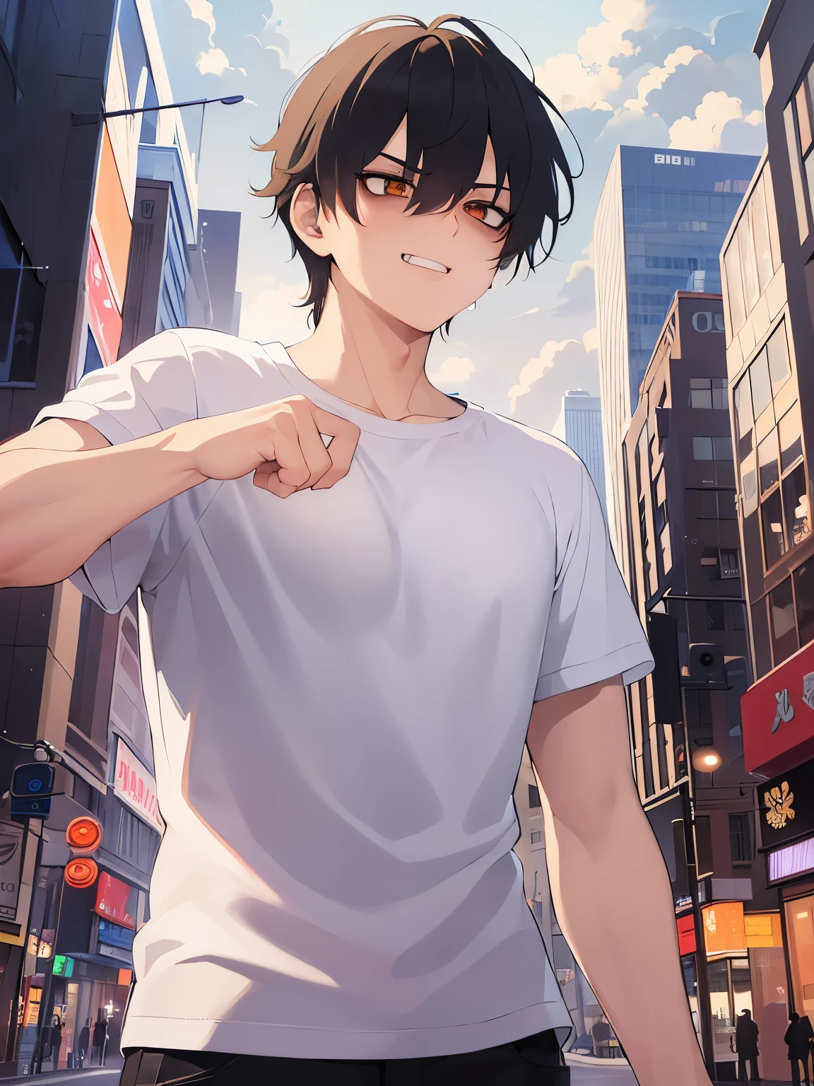 upper body,masterpiece,Highest quality,BREAK(25-year-old male:1.5)and(Brown short hair)and(Orange eyes)and(jitome)and(hair over one eye)BREAK,(White T-shirt:1.3),Are standing,The background is a late-night shopping street,(scowl, angry:1.5),(evil smile:1.3)and(hair over one eyes),(arm up:1.5)and(Biologically correct5Finger),dynamic pose,side angle,(looking away:1.5)