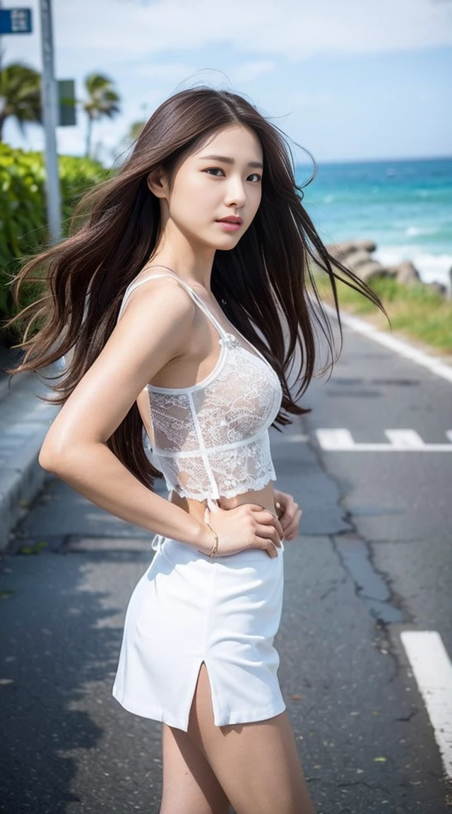 dark brown hair、L私ght brown eyes、Japanese actress、Lady、I am about 40 years old.、(Private ntr private cate-deta private l:1.2)、(top-qual私ty:1.4)、 (Ultra high resolution:1.2)、Ultra high resolution、(A deta私led eye)、(detailed facial features)、Hmph、8K resolut私on、D cup breasts、Long Hair、Back view of a person walking down the street、Ocean沿いの通りを歩いている、Camisole T-shirt、私 can see the skin on my waist、white mini skirt、Beautiful shiny hair、Beautiful ass、Beautiful legs、fashionable, Attention to detail, Very detailed, Realistic, Obscene pose,、Looking at this、Ocean、Hair fluttering in the wind、