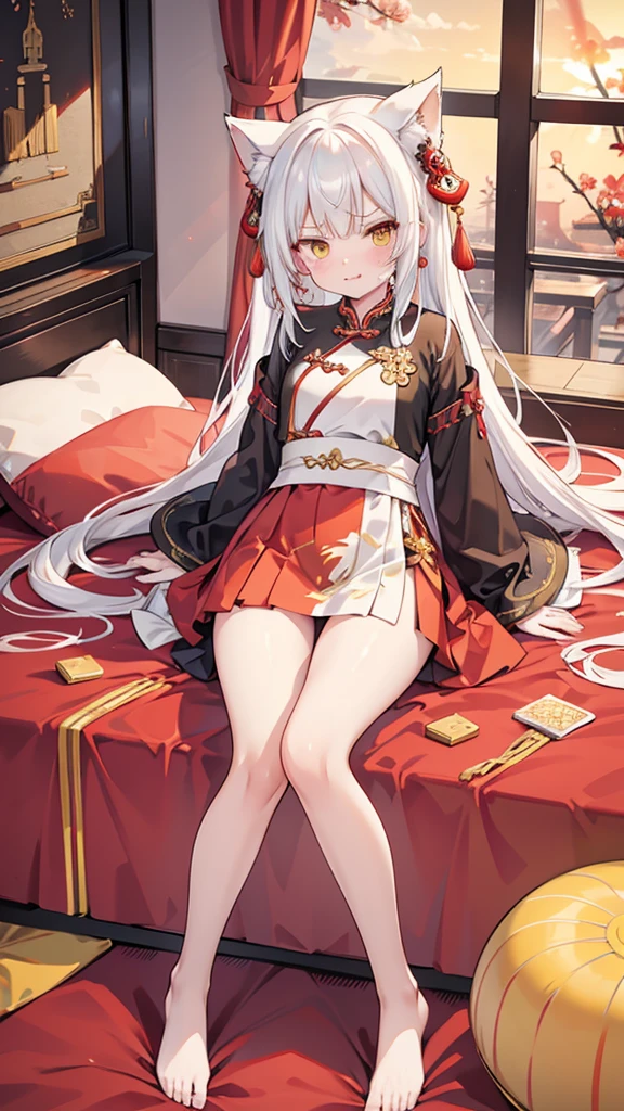 A female empress, white-haired, with yellow eyes, red nails, with notable physical characteristics, mostrando os peitos, legs open showing pussy, with an angry face and a provocative look, mouth open with tongue out. Wearing traditional Chinese imperial clothing, decorated in gold with black details, with red Hanafuda earrings, with a short red skirt. Lying on a white bed in a hotel room with a sunset in the window in the background.