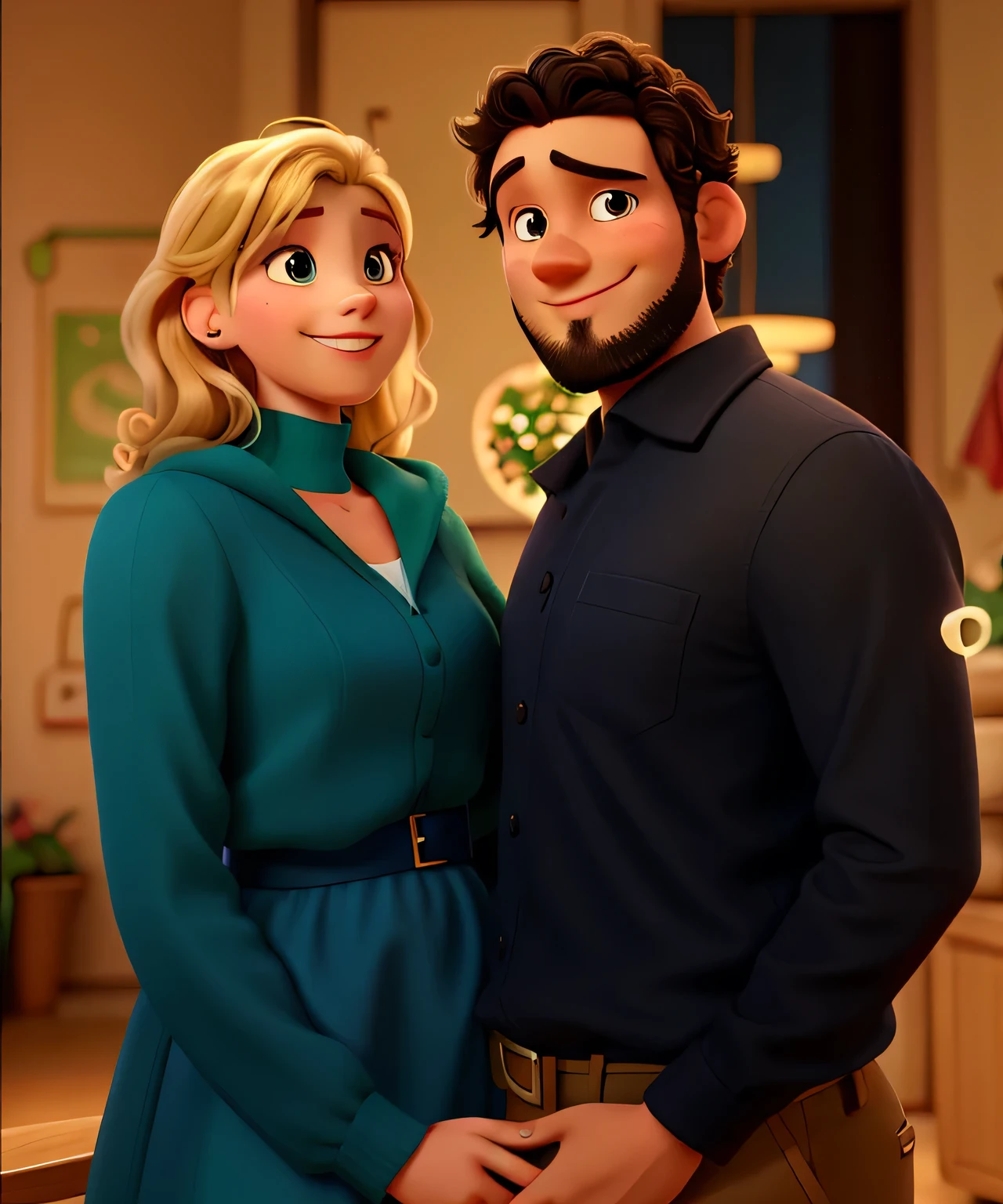 Disney Pixar-style, high-quality couple. A young couple, a man with a short, sparse beard, very curly black hair, and a light brown skin tone, and a woman wearing a green dress, with blonde hair and as beautiful as a Disney princess, are standing close together in an indoor setting, smiling at the camera. The man has his hand on the woman's hip while she holds onto him. They seem to be very much in love.