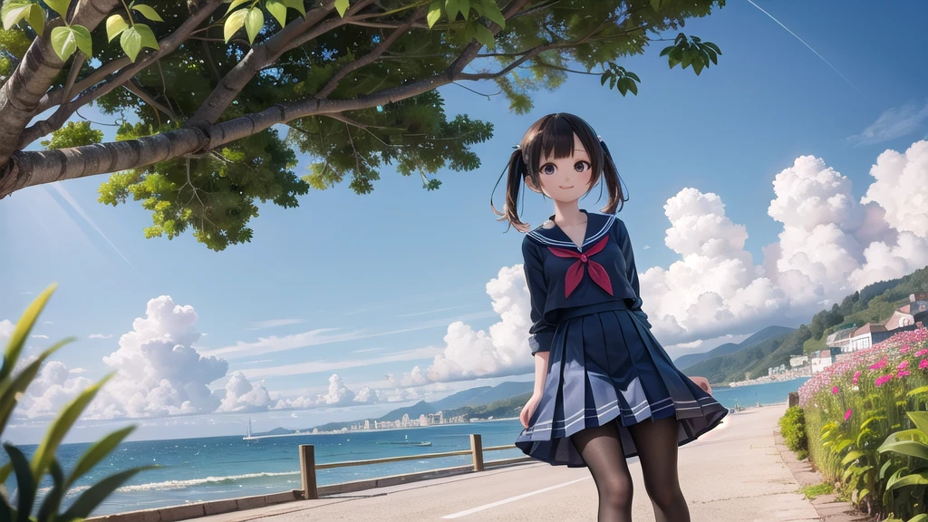 (masterpiece), town, blue sky, One Girl, Put people on the right, smile, alone, Sailor suit、Long skirt, Overgrown, petal, plant、Skirt lining、Translucent slip、nostalgic、Black Pantyhose、You can see the sea in the distance, Crotch close-up
