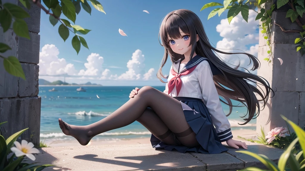 (masterpiece),  town,  blue sky,  One Girl, Put people on the right,  smile,  alone,  Sailor suit、Long skirt,  Overgrown,  petal,  plant、Skirt lining、Translucent slip、nostalgic、Black Pantyhose、You can see the sea in the distance, Crotch close-up