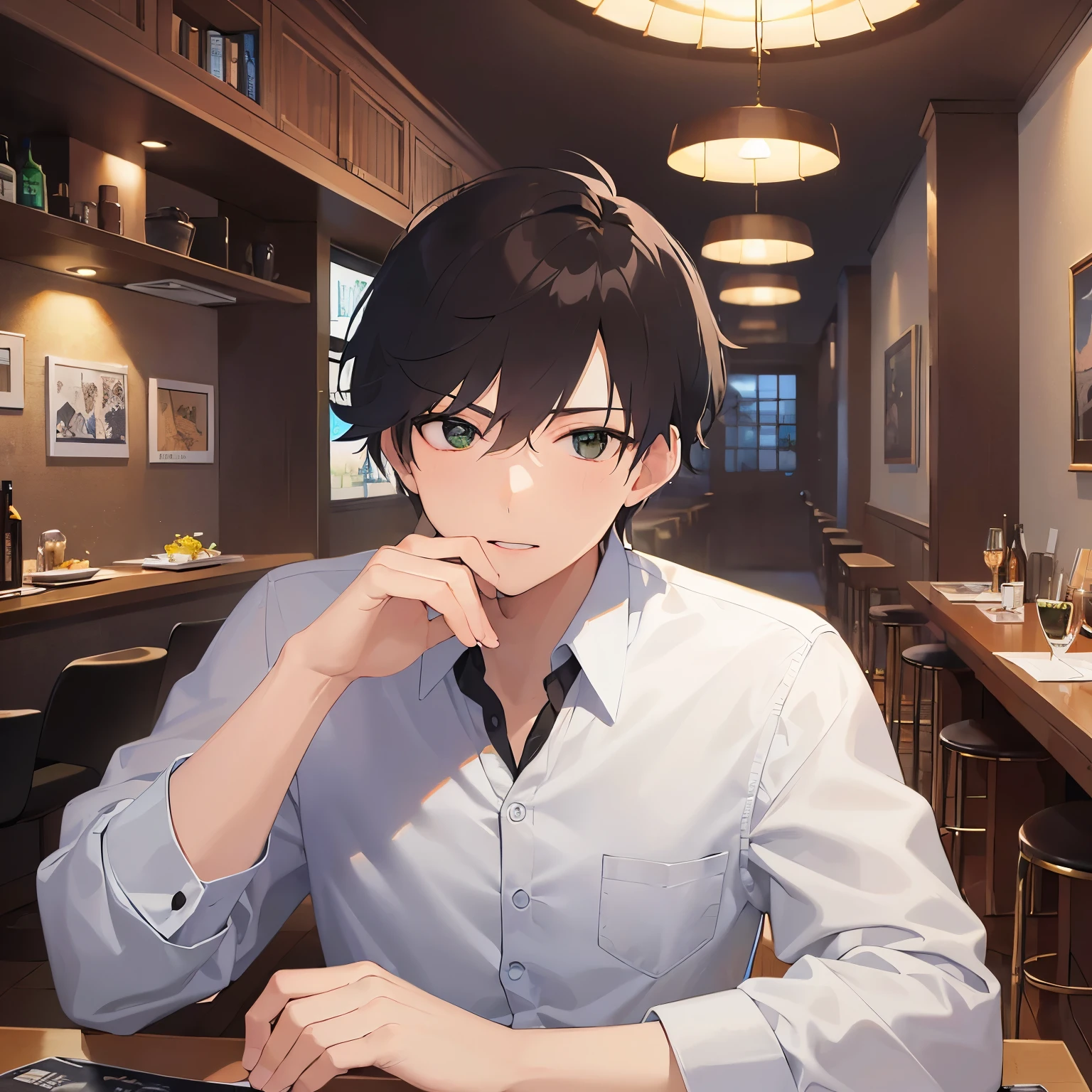 looking away,upper body,masterpiece、Highest quality、BREAK (25-year-old male:1.5) and (Mahogany brown short hair) and (Green Eyes)BREAK (white collared shirt) and (Green tie),The background is the interior of a restaurant at night.,Sitting,