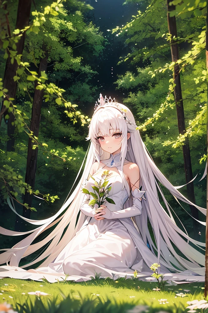Anime princess with a long, white dress that covers most of her body. Her hands are at her side, and her crown it made of twigs and branches, representing her connection and care for nature. Background of a forest