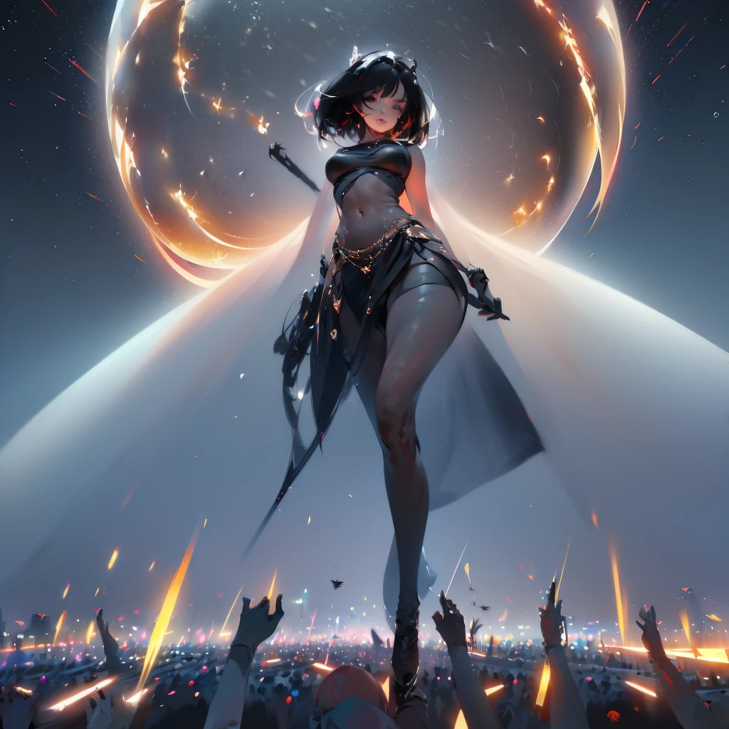 by Wlop, (Masterpiece) (Highest quality:1.4), (Highest Detailed:1.3), absurdres, Odette_ML, large breasts, thick thighs, full body composition, lifelike,smiling, Striking Contrast, Bold Composition, Evocative Intrigue, masterpiece,best quality, beautiful and aesthetic, cinematic composition, dynamic pose, (Rendered in ultra-high definition (UHD) resolution 8K:1.4), RAW,
