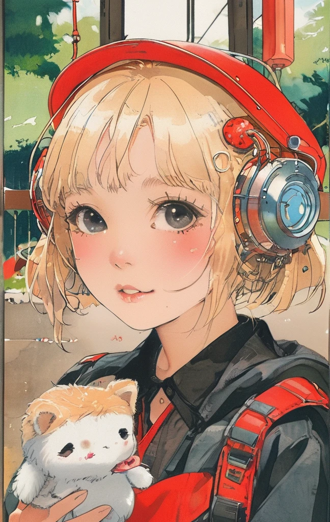 On a bright red campus"YES"Character、blonde、short hair、girl1、close up of face、Close ~ eyes、kissing mouth、date outfit