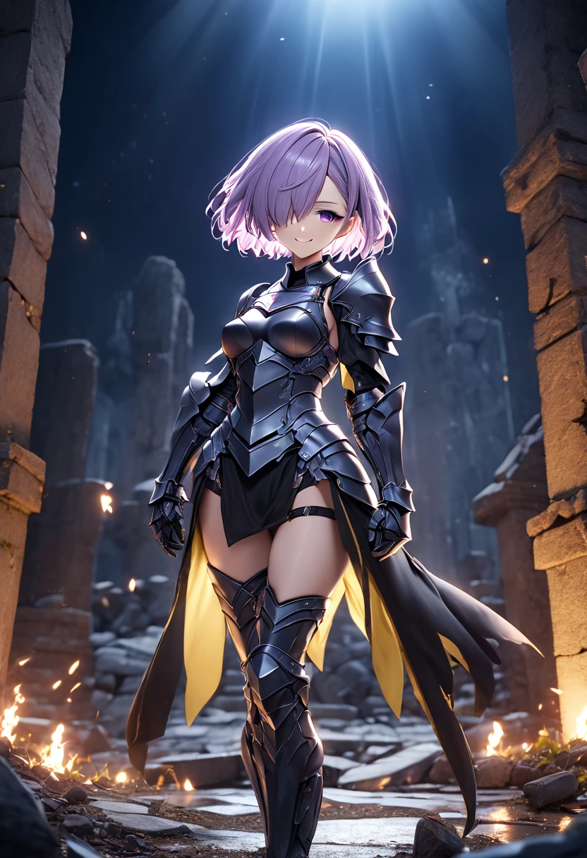 (masterpiece, top quality, best quality, beautiful and aesthetic:1.2), full body, SFW, extremely detailed, detailed face and eyes, cinematic light, depth of field, 1girl, seducing smile, solo, official, (full armored knight:1.4), dark armor, mash kyrielight, light purple hair, short hair, hair over one eye, slim body, cinematic lighting, dramatic lighting, dramatic atmosphere, hyper-realistic, high resolution, stunning contrast, high quality, best quality, 8k, 4k, intricately detailed, (amazing details:1.2), highly detailed skin, powerful presence, vibrant colors, (detailed eyes:1.2), striking eyes, (detailed background), (warzone on background, night, ruins), (dynamic angle:1.2), (dynamic pose:1.2)