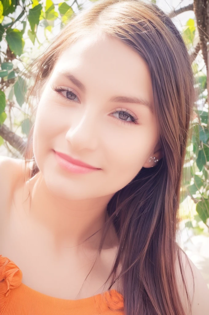 a young girl with long brown hair, wearing an orange top, smiling, cute expression, profile view, (best quality,4k,8k,highres,masterpiece:1.2),ultra-detailed,(realistic,photorealistic,photo-realistic:1.37),beautiful detailed eyes,beautiful detailed lips,extremely detailed eyes and face,long eyelashes,cute smile,vibrant colors,soft lighting,warm color palette,natural lighting,portrait,high quality digital art