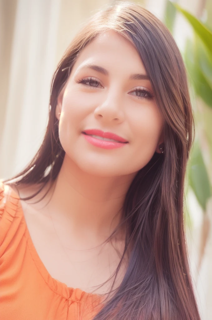 a young girl with long brown hair, wearing an orange top, smiling, cute expression, profile view, (best quality,4k,8k,highres,masterpiece:1.2),ultra-detailed,(realistic,photorealistic,photo-realistic:1.37),beautiful detailed eyes,beautiful detailed lips,extremely detailed eyes and face,long eyelashes,cute smile,vibrant colors,soft lighting,warm color palette,natural lighting,portrait,high quality digital art