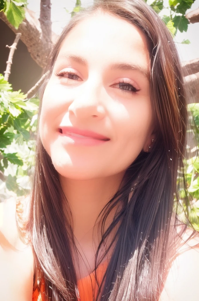 a young girl with long brown hair, wearing an orange top, smiling, cute expression, profile view, (best quality,4k,8k,highres,masterpiece:1.2),ultra-detailed,(realistic,photorealistic,photo-realistic:1.37),beautiful detailed eyes,beautiful detailed lips,extremely detailed eyes and face,long eyelashes,cute smile,vibrant colors,soft lighting,warm color palette,natural lighting,portrait,high quality digital art