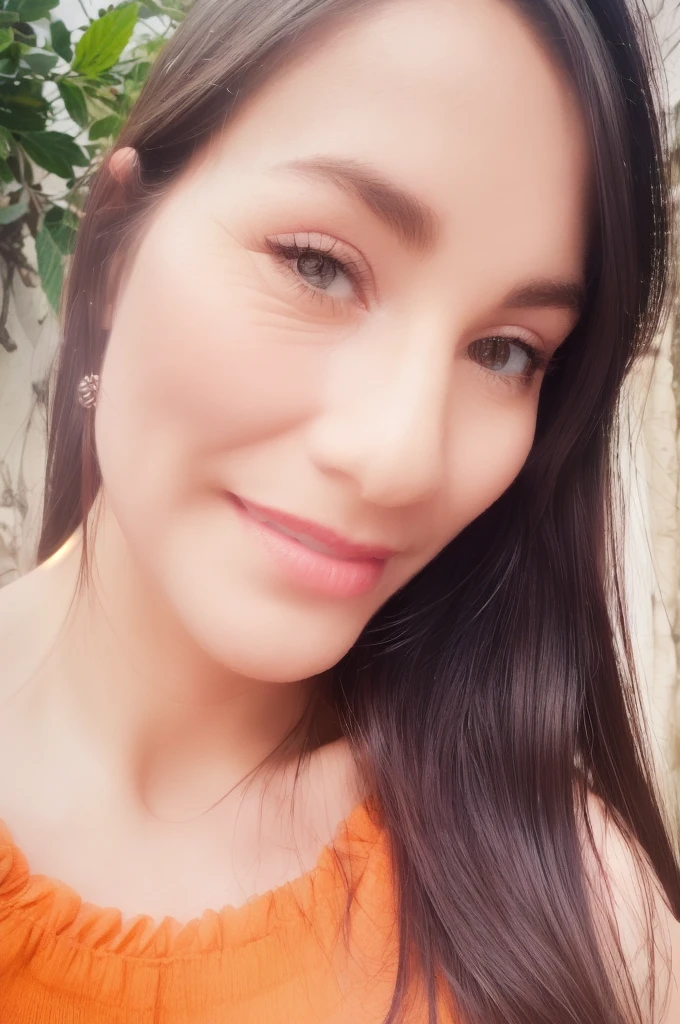 a young girl with long brown hair, wearing an orange top, smiling, cute expression, profile view, (best quality,4k,8k,highres,masterpiece:1.2),ultra-detailed,(realistic,photorealistic,photo-realistic:1.37),beautiful detailed eyes,beautiful detailed lips,extremely detailed eyes and face,long eyelashes,cute smile,vibrant colors,soft lighting,warm color palette,natural lighting,portrait,high quality digital art