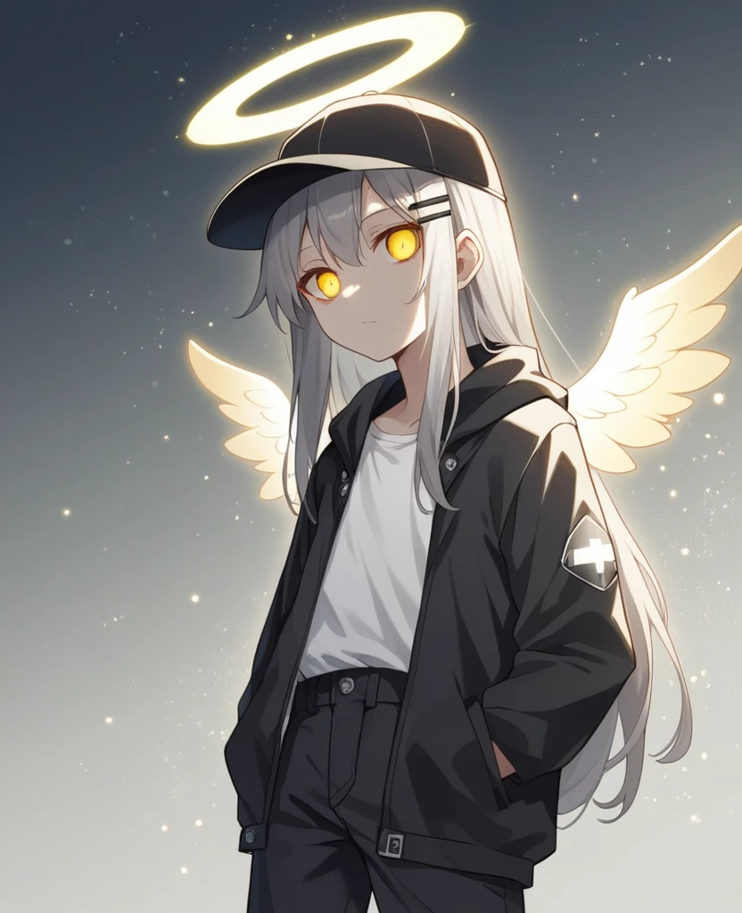 Depth of written boundary, Movie angle, masterpiece, Highest quality, Very detailed, CG, 8k wallpaper, Pretty face, Delicate eyes, country々, alone, 白いLong Hair, Yellow Eyes, hairpin, White shirt, black hooded jacket, Black baseball cap, Black Stockings, Black knee-high boots, Urban area,NSFW,(masterpiece, Highest quality:1.3), (Super detailed:1.3), One girl, alone, (Gray Hair, Messy Hair, Long Hair), (Angel Wings, Angel Halo), Flat Chest, Yellow Eyes,Expressionless,Cowboy Shot, Cinema Lighting, (((Glowing light particles))), (Put your arms behind your back), Dynamic Angle,Character portrait,Carrying a black spiked bat