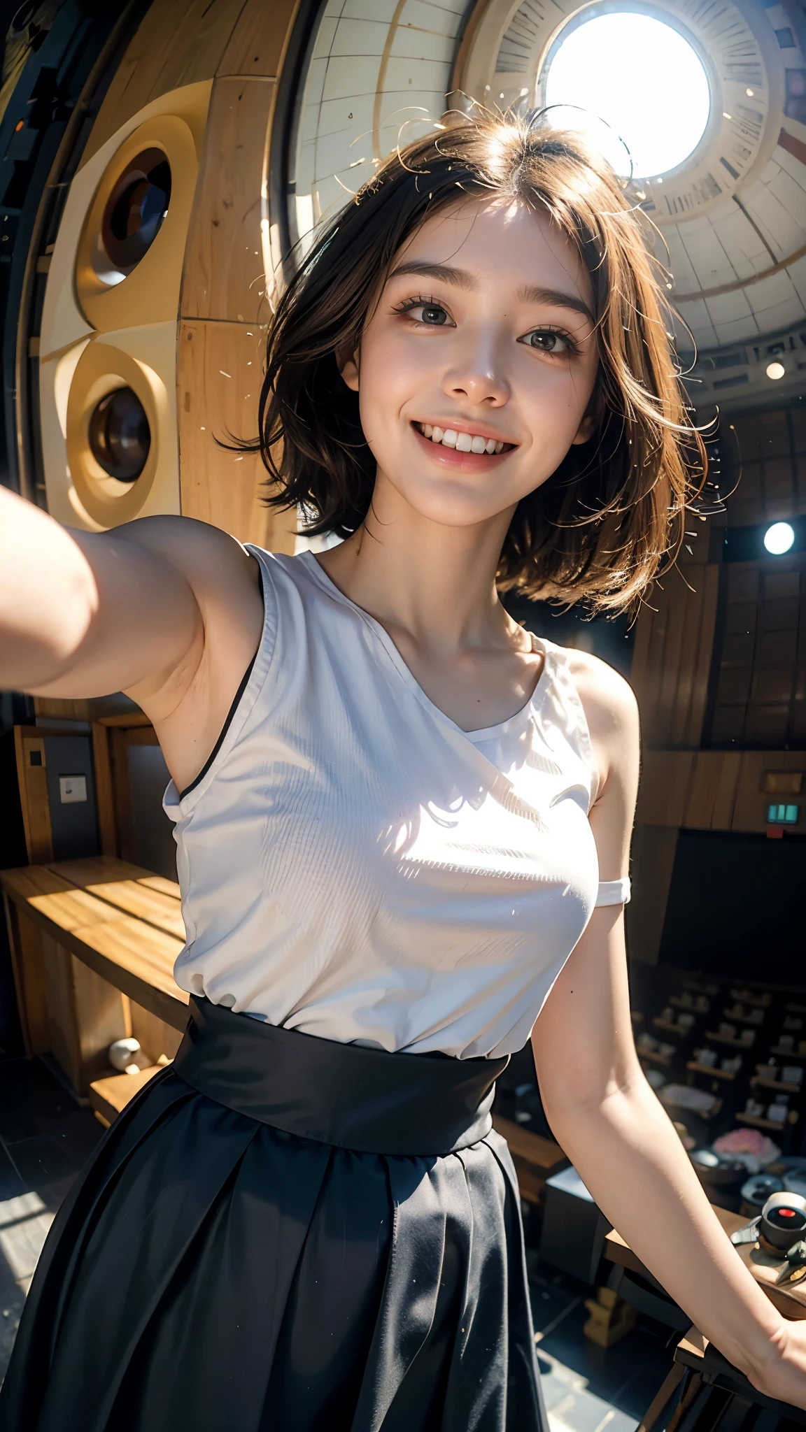 Highest quality, masterpiece, Ultra-high resolution,8K, (Realistic:1.6), (Face-to-face selfie portrait) RAW Photos, 1 Girl,(Full of smiles, Showing teeth)), 22 years old,((Y2K Fashion)),((Miniskirt uniform and undershorts)),((Very Short Hair)),((Looking up at the audience)),Face Focus:1.4,((Selfie taken with a fisheye lens:1.4)),