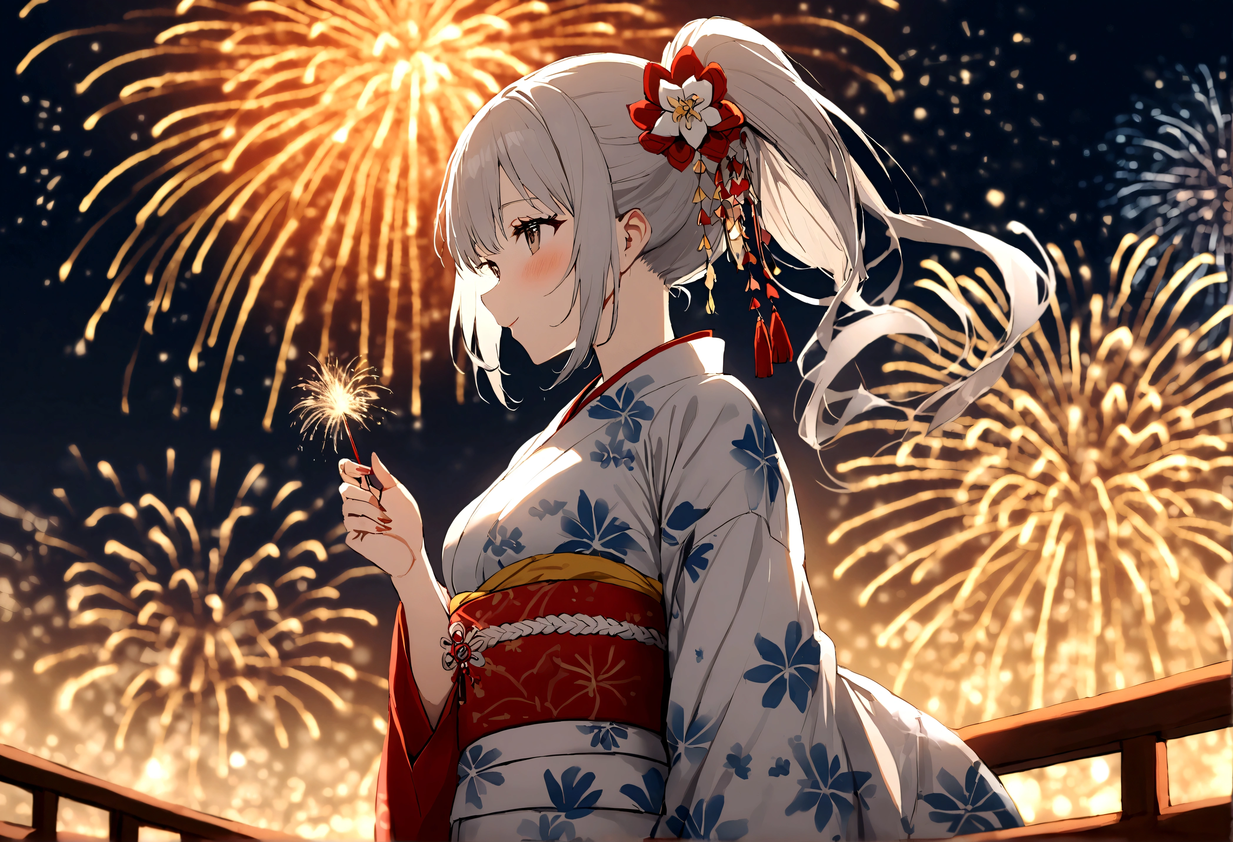 1 girl，KasuganoSora， Sora，white gray hair，long double ponytail，Kimono Yukata，The Peak，fireworks