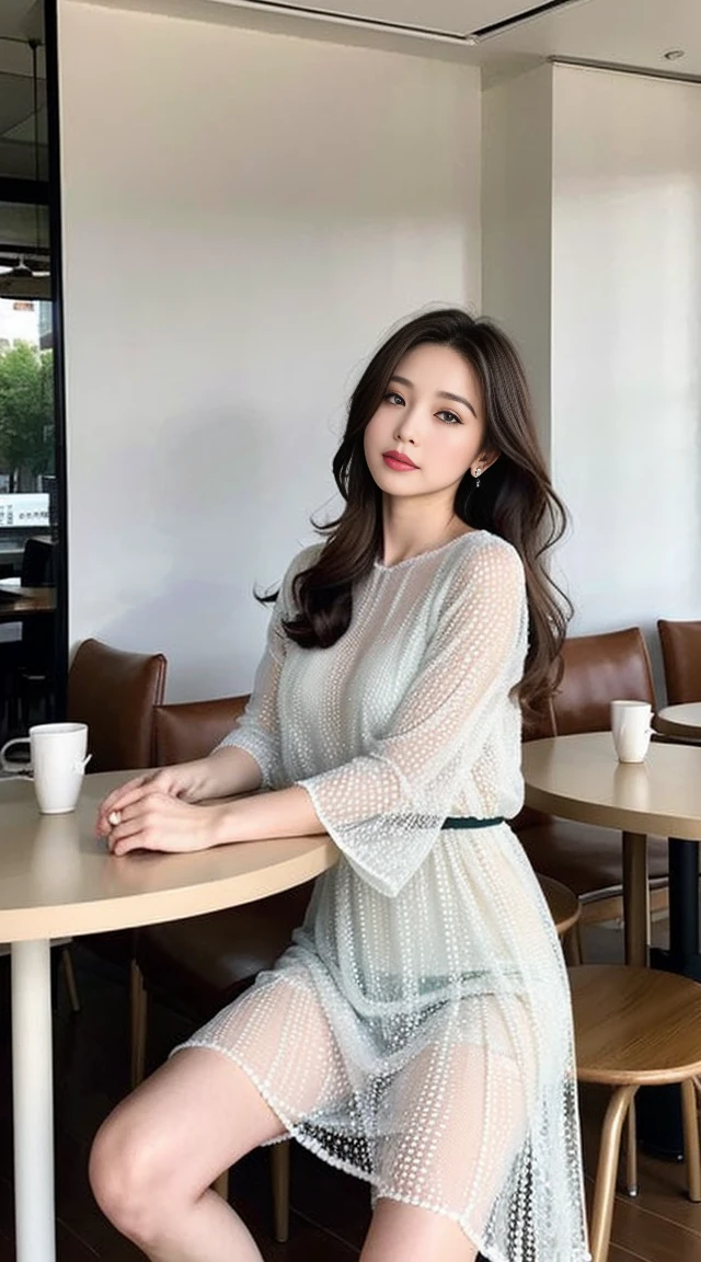 Dark brown hair、Light brown eyes、Japanese actress、 Lady、I am about 40 years old...、(Intricate details:1.2)、(Which is the top???:1.4)、 (Ultra-high resolution:1.2)、Ultra-high resolution、(Finely tuned)、(Detailed facial features)、Hmph、8K resolution、D cup size breasts、Long Hair、Sunny terrace cafe.Extravagant space、relax、、,Full body photo、Head to toe shot、Beautiful feet、Transparent Chiffon Dress、Beautiful feet、A refreshing terrace cafe with sunlight streaming in、she, (plant:0.8), Fashion Hub, Attention to detail, Very detailed, Realistic, Hourglass Shaped Body, Obscene pose,、、私 cry a lot、tears、person on the left、White wall、White floor、White chair、Cafe table、diagonally from below、please lift your chin、Please lean back in your chair、cafe morning、relaxした表情、Pose of Weakness、Lean on、