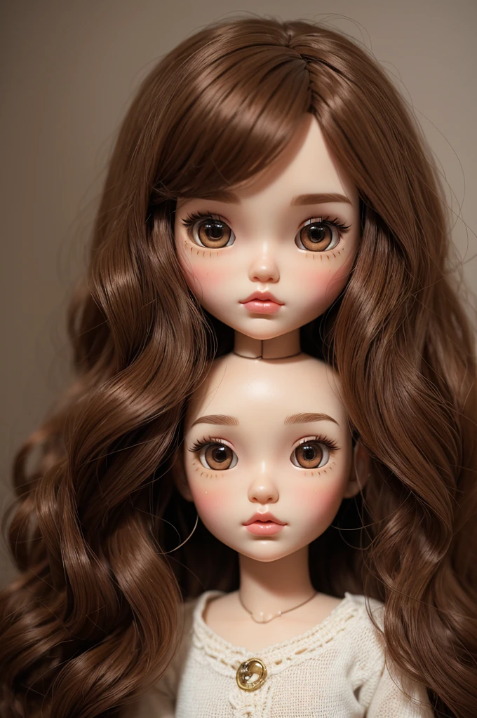 Make a picture of a Blythe doll with long curly hair,brown eyes and a nose ring.
