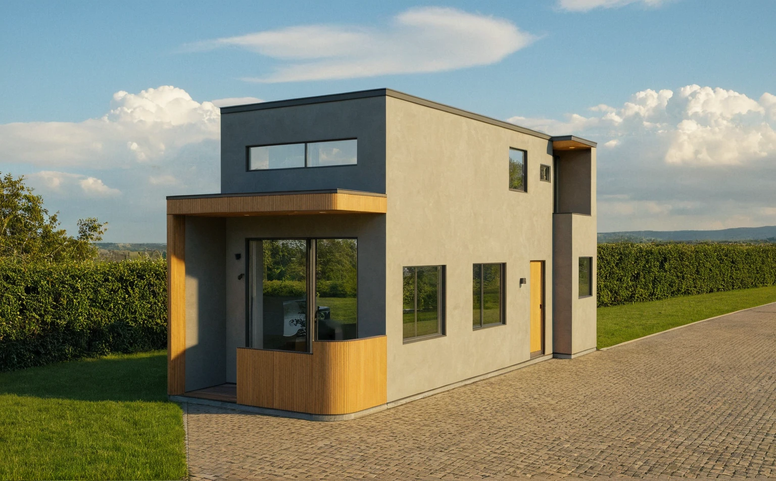 Raw photo,Masterpiece, high quality, best quality, authentic, super detail,
exterior, outdoors, house style modern on the street, glass windows, gate, wooden ceiling,
road,House on the corner of the street, pavement, trees, sky, cloud, (daylight:1.1)