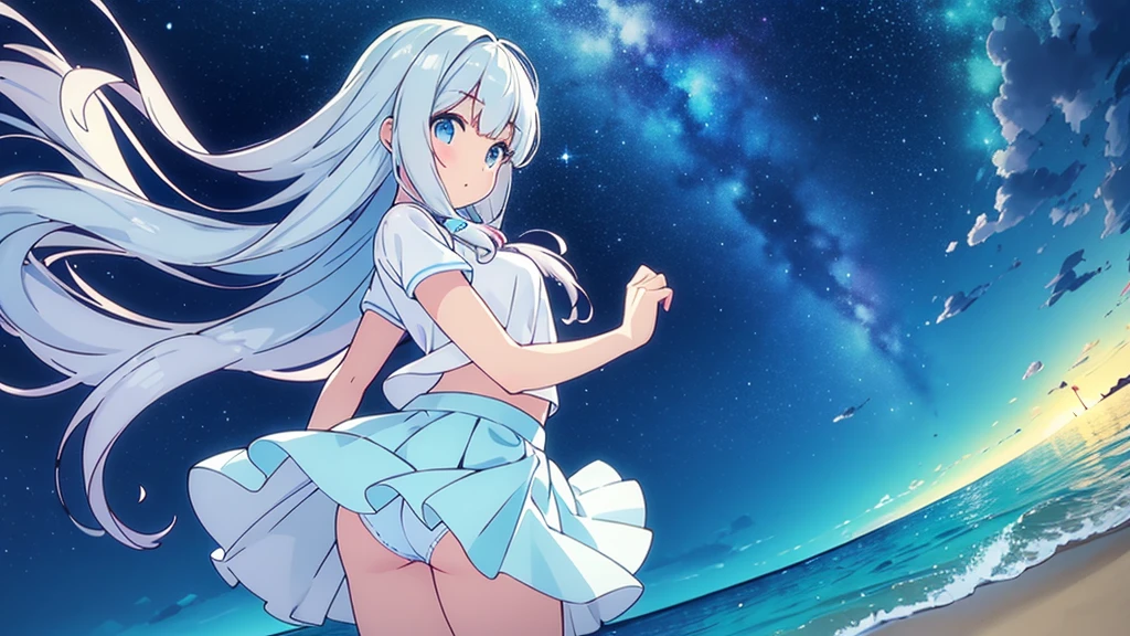A nice white shirt that lets you see. 、Light blue flared skirt with ruffles、She lifts her skirt with both hands to show off her pretty white underwear.、Cute white underwear visible when you lift your skirt.、sandy beach, beautiful sea, night and starry sky small breasts blue hair