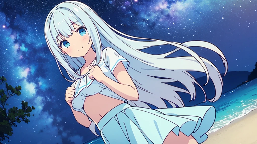A nice white shirt that lets you see. 、Light blue flared skirt with ruffles、She lifts her skirt with both hands to show off her pretty white underwear.、Cute white underwear visible when you lift your skirt.、sandy beach, beautiful sea, night and starry sky small breasts blue hair show pink panties