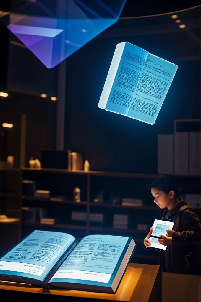  translucent books hovering in mid-air. In the foreground, a person is interacting with a holographic display projected from a smartphone. The display showcases the Audible app interface with dynamic visual representations of audiobook covers and immersive sound waves emanating from the device. 