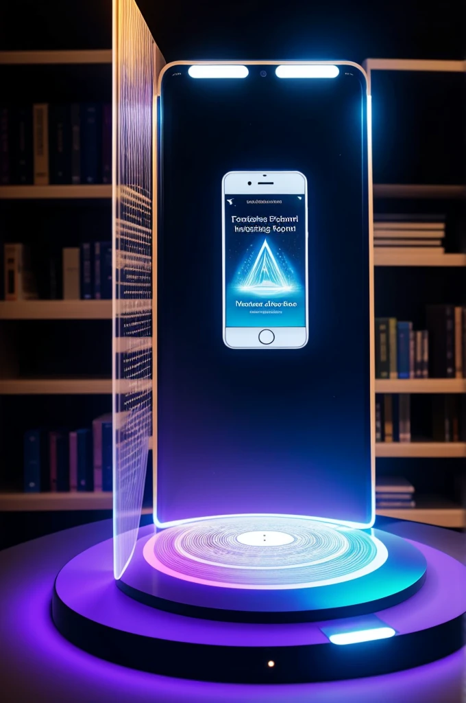  translucent books hovering in mid-air. In the foreground, a person is interacting with a holographic display projected from a smartphone. The display showcases the Audible app interface with dynamic visual representations of audiobook covers and immersive sound waves emanating from the device. 