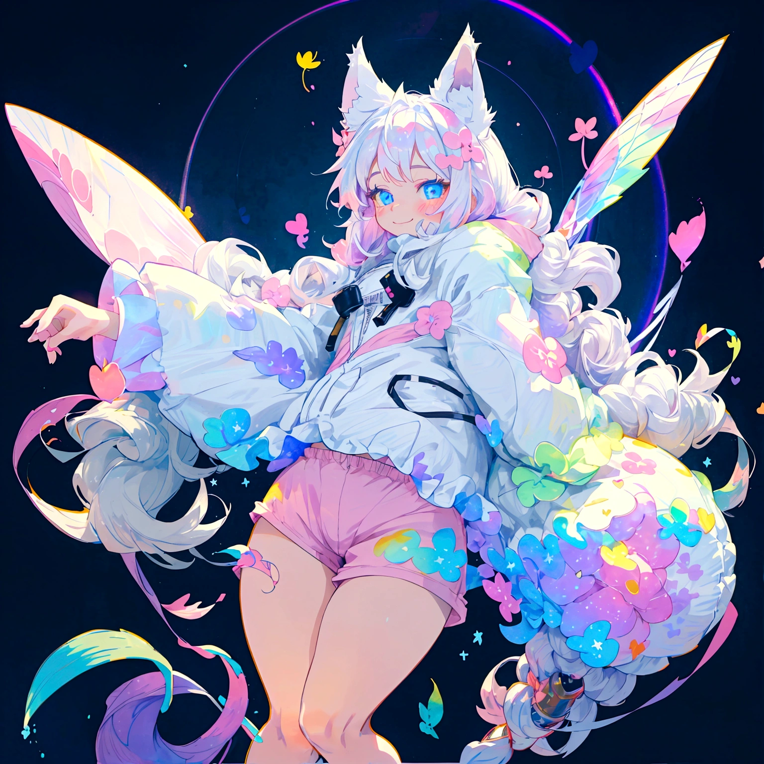 a cute adult male with wolf ears, long white hair, long locks, has a wolf tail, thick thighs, wide hips, short, wearing pink romper with a hood and pink shorts, has heart on chest, has bunny ears on hood, very slim, showing slender tummy, squishy thighs, has glowing blue eyes. alone, solo (ALONE)(SOLO), surrounded by rainbows, colorful galaxy backround, smiling, ontop of a pile of fluffy plushes, plushies everywhere, kawaii plushies, surrounded by bubbles, surrounded by rainbow leaves, standing up dancing, thicc thighs