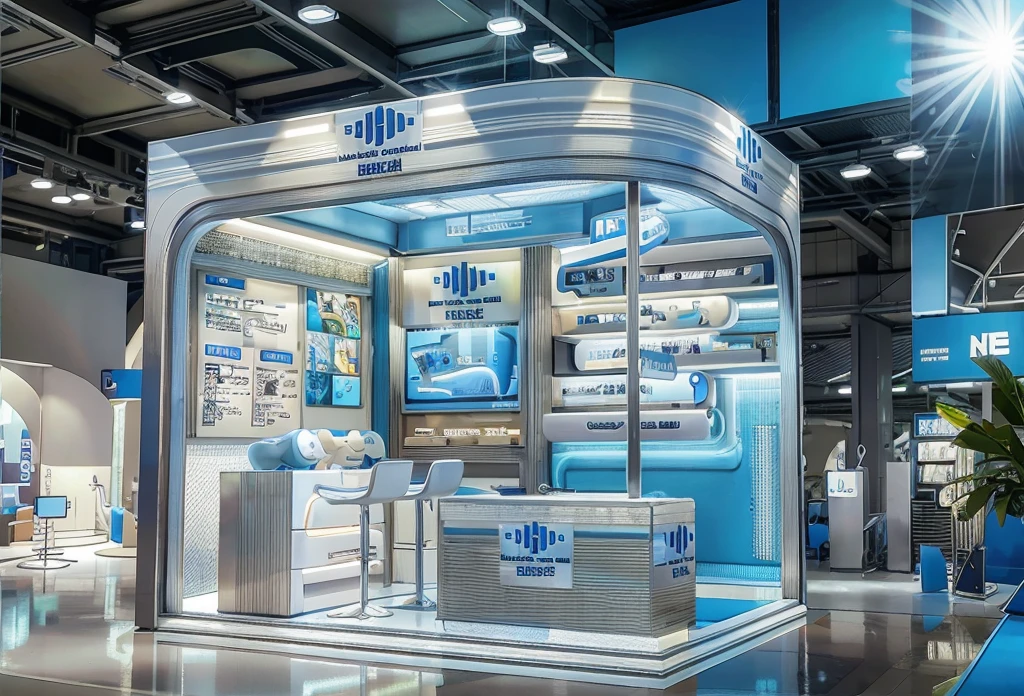  A large exhibition stand for the "metrii" brand in white and blue colors, featuring dental chairs, digital screens displaying teeth images, dental instruments on display shelves, LED lighting with a logo of an "axe shape", modern design, white background, high resolution, professional photography, studio light, HDR, 30K sharp focus, hyperrealistic, intricate details, detailed textures in the style of a hyperrealistic photography.