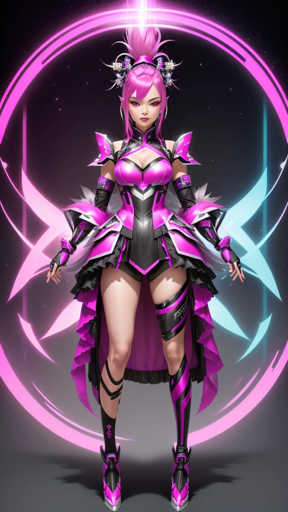 a close up of a person in a costume on a video game, sharp silver armor fuchsia skin, lunar themed attire, multilayered outfit, fuchsia skin, fuchsia skin below the armor, bright fuchsia skin, cyber punk setting, fuschia skin, fashion gameplay screenshot, full body xianxia, fuchsia skin beneath the armor, chrome outfit