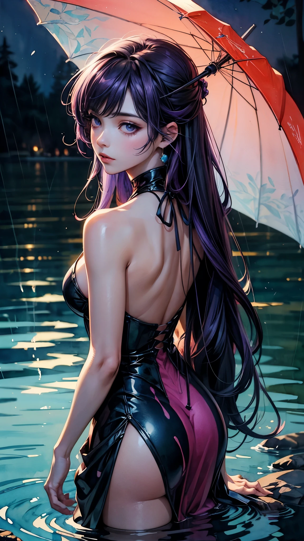 ((watercolor painting)) of a woman with purple hair and a purple dress, beautiful character painting, watercolor detailed art, in the art style of bowater, beautiful anime portrait, watercolor colored painting, alice x. zhang, detailed watercolor painting, masterful detailed watercolor, princess portrait, highly detailed exquisite fanart, watercolor artstyle, watercolor painting style, detailed color portrait, beautiful anime art style