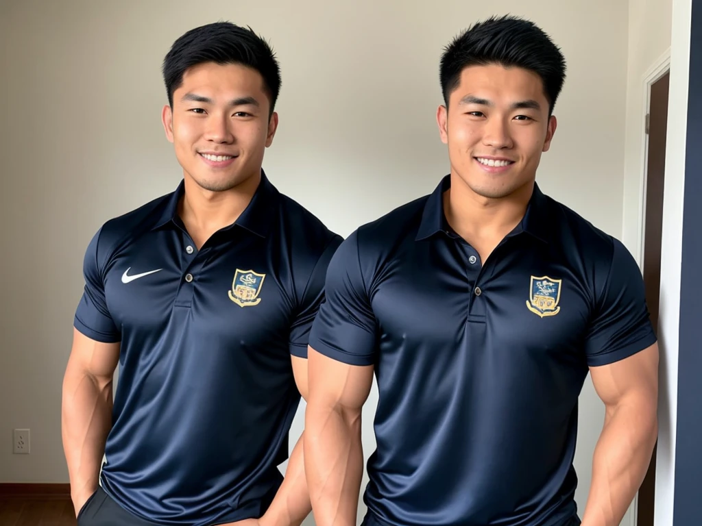 Picture of a handsome Asian rugby player with short hair, no beard, muscular body, big muscles, wearing a navy blue and black shirt, indoors.