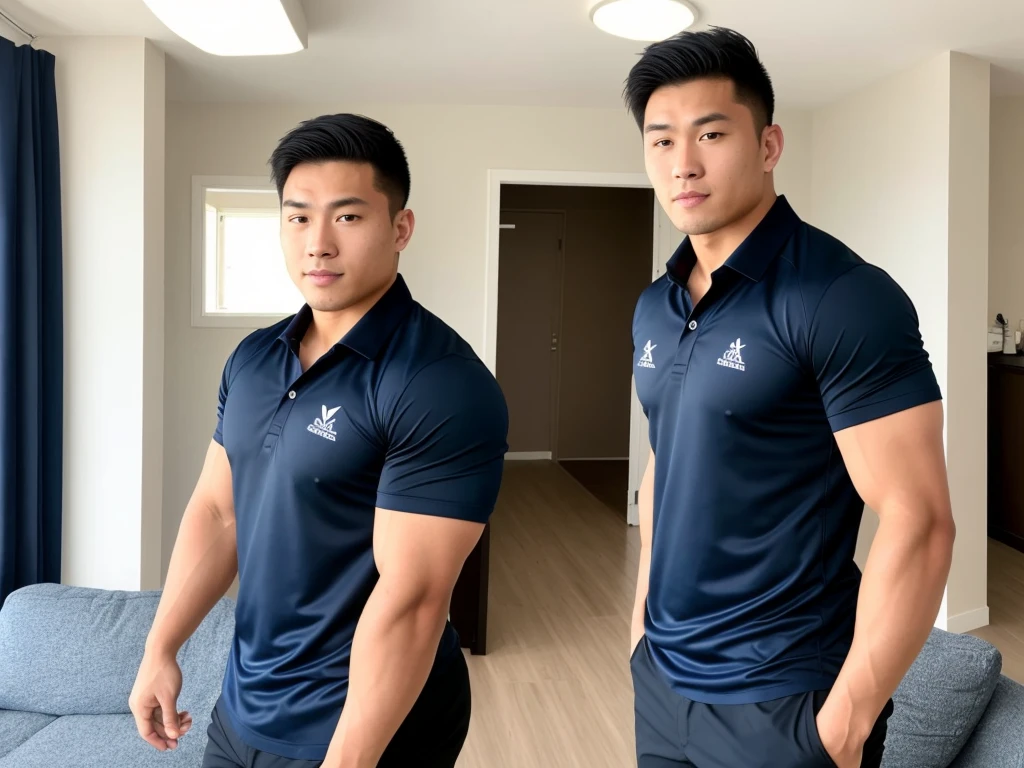 Picture of a handsome Asian rugby player with short hair, no beard, muscular body, big muscles, wearing a navy blue and black shirt, indoors.