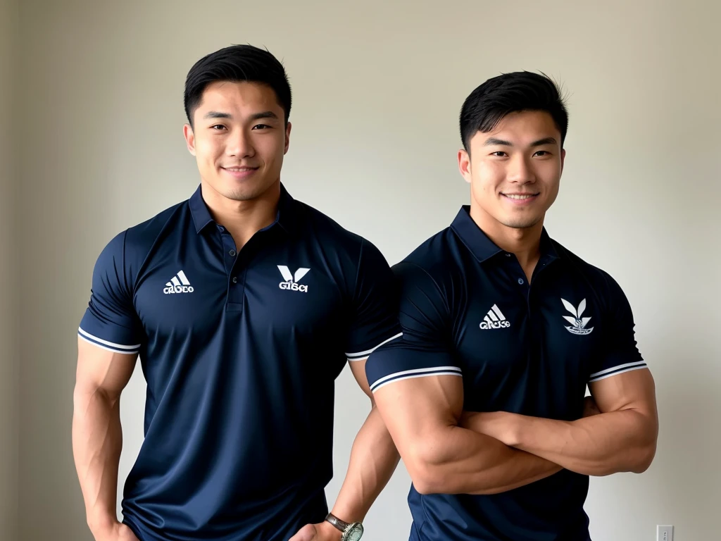 Picture of a handsome Asian rugby player with short hair, no beard, muscular body, big muscles, wearing a navy blue and black shirt, indoors.