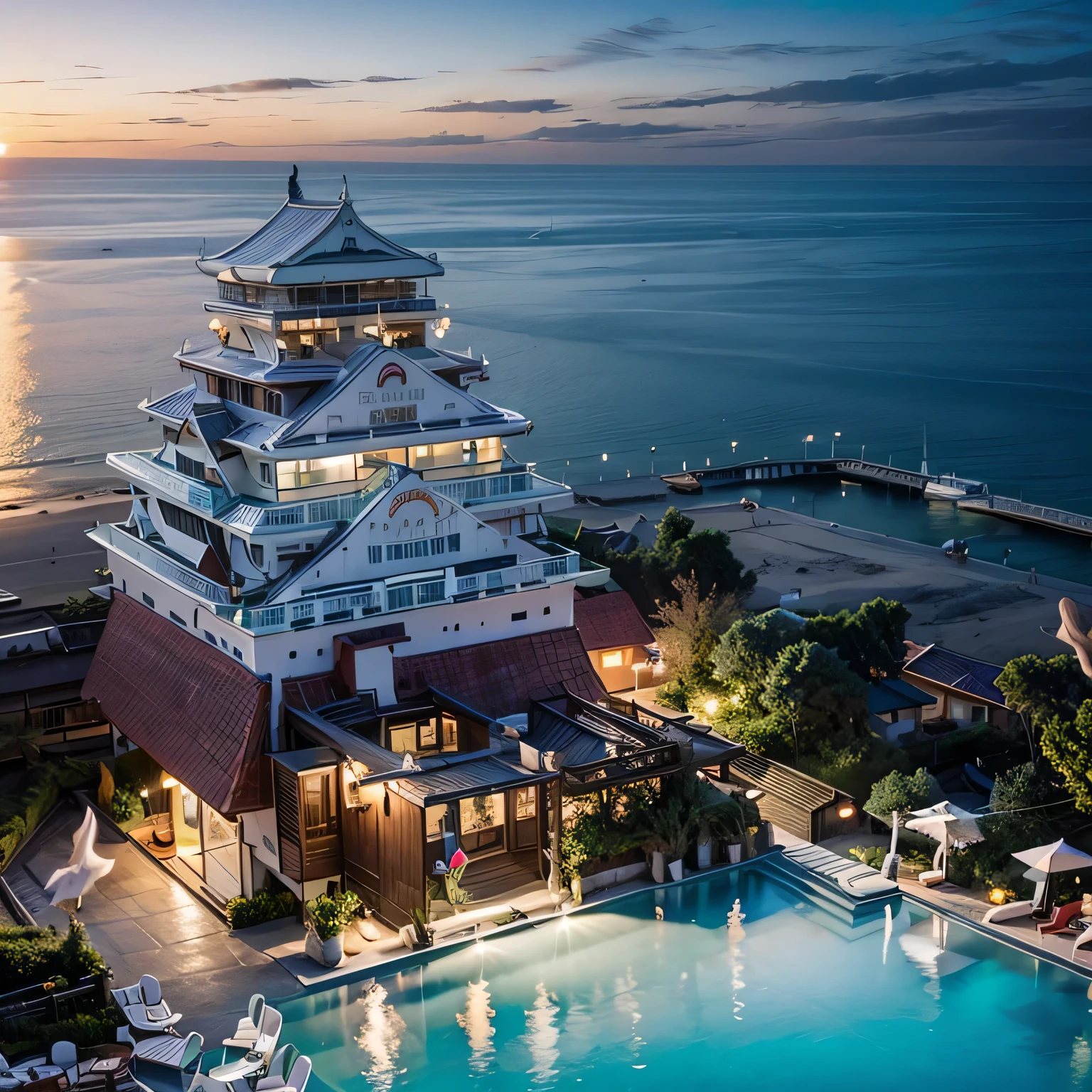 best quality, ultra-detailed, (seaside hotel:1.4)