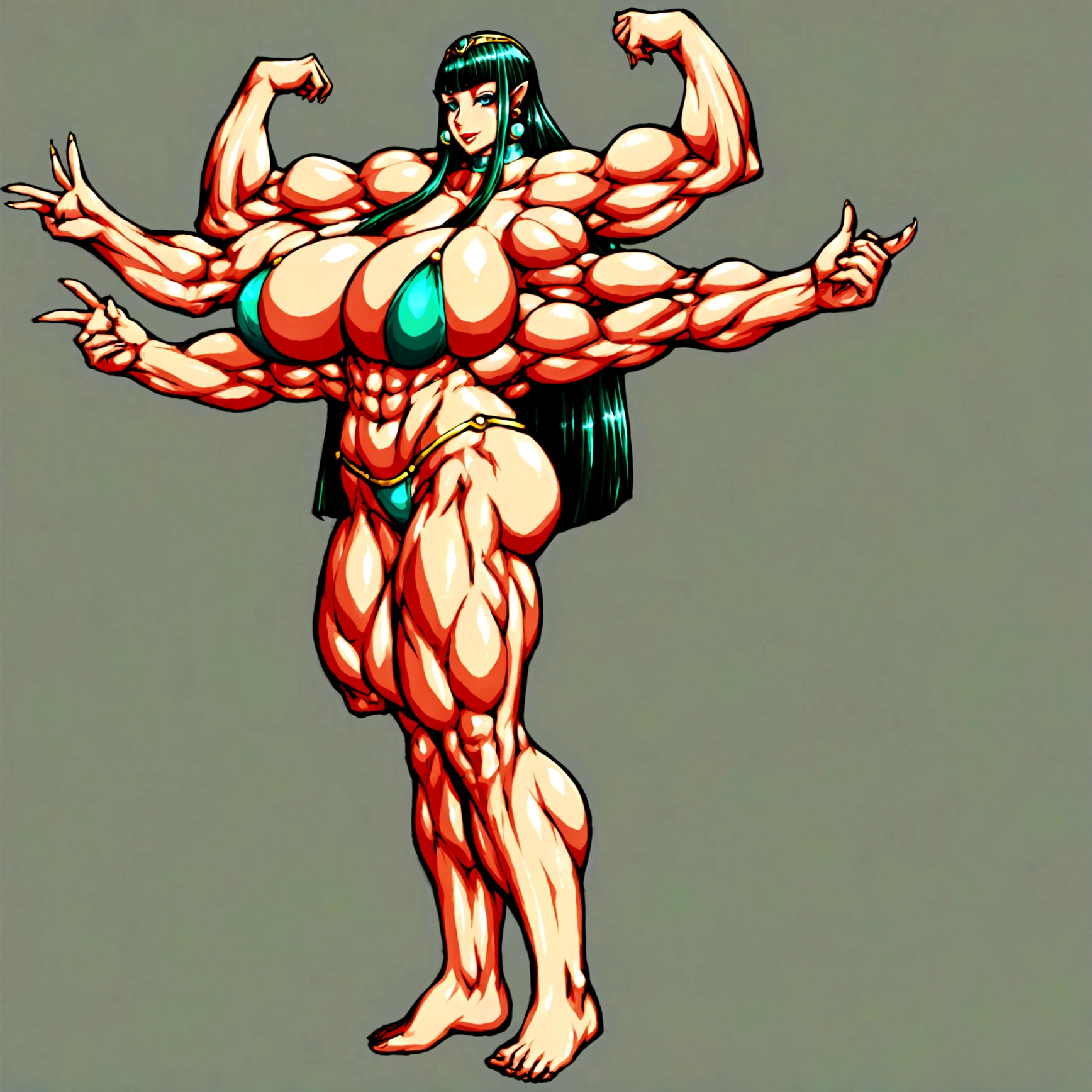 Oni girl, cleopatra hair, extreme muscle, big breasts, 4 arms, full body.