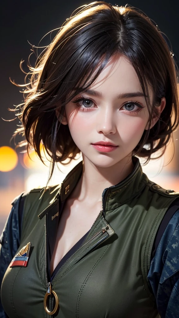 (UHD, Retina, masterpiece, precise, Anatomically correct, Textured Skin, Super Detail, High Detail, high quality, best quality, high resolution, 1080P, HD, 4K, 8K, 16K), (Beautiful and delicate eyes, Beautiful and delicate lips, Extremely detailed eyes and face), Studio Lighting, Physically Based Rendering, Bright colors, (Large Breasts, Attractive figure), (military jacket:1.5), (Black vest), (portrait, Shiny hair, Glowing skin, blush), (Bokeh), Eye Reflection,