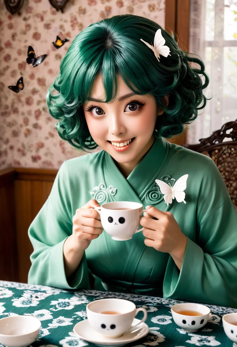 The beautiful Tatsumaki, With her huge eyes she looks amazed and with a big smile while she drinks tea from ceramic cups with ghostly cat shapes while the butterflies flutter around the table and the tablecloth..