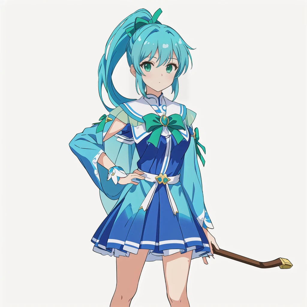 Highest quality, high resolution, High quality anime art style, Official Art, Smooth anime CG art, Stylized anime, Cute 3D anime girl render, Visual Novel Sprites, White background, whole body, Anime-style 3D, Smooth anime CG art, humanoid woman, JRPG Characters, Magical Girl Style, Anime woman in a blue dress with green ribbon, Turquoise Hair, ponytail, Neat hairstyle, tall, He holds a magic bow in his left hand., 20-year-old,