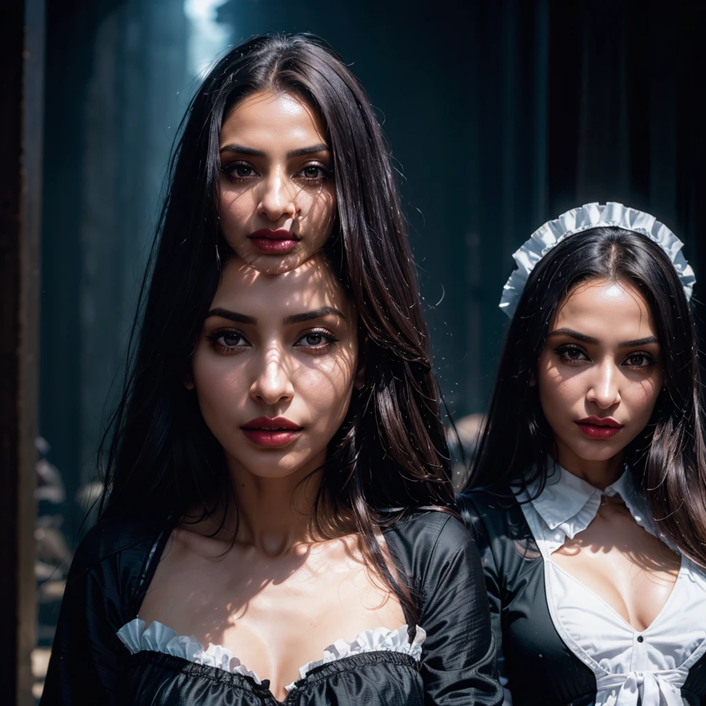 (In the Dark: 1.6), surreal female portrait by Malaika Arora and Karina kapoor, fantasy art, photorealism, dynamic lighting, artstation, poster, volumetric lighting, very detailed faces, 4k, Awarded,, 1girl, in the dark, deep shadow, low key, cowboy lens, (maid outfit: 1.4), long hair, white hair, bust, luxurious palace, Royal style, crown on head,