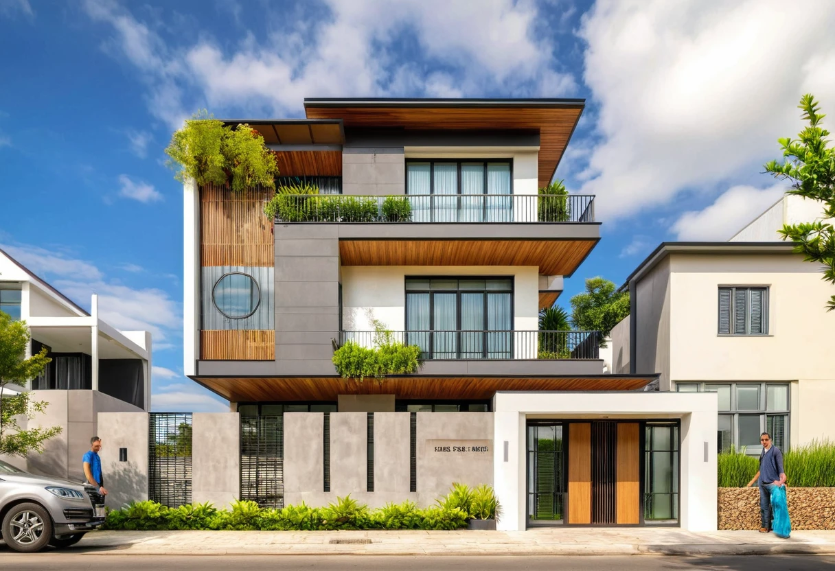 Masterpiece, high quality, best quality, authentic, super detail, outdoors, house style modern,bietthuhn, white wall, glass windows, gate road,pavement, grass, trees,blue sky, cloud, (day:1.1), realistic lighting
