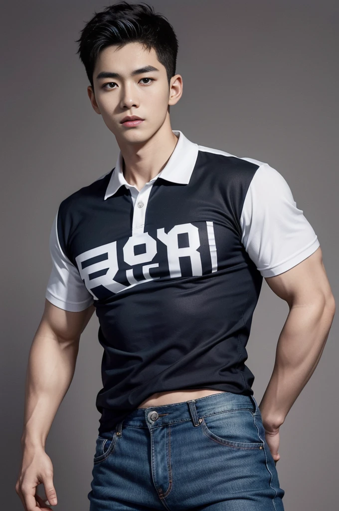 young korean man , 1 boy, white skin , Fine skin, 1 boy, ((realistic)), abdomen, good light quality, muscle veins, ((Pale skin)), football player, (Masterpiece, Special quality, high resolution, 8K, complicated:1.2), (detailed face:1.2), handsome, , Embossed, 1 boy,alone, look at viewer, Balancing the eyes, , (Make eye contact), , black polo shirt, With super tight navy blue jeans., big Embossed ในห้องครัว