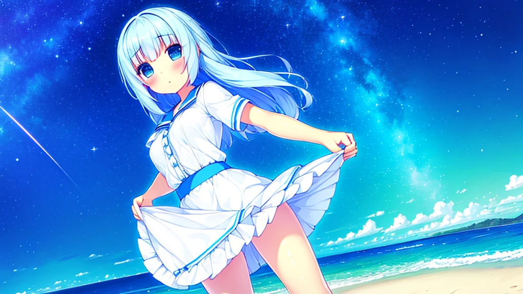 A nice white shirt that lets you see. 、Light blue flared skirt with ruffles、She lifts her skirt with both hands to show off her pretty white underwear.、Cute white underwear visible when you lift your skirt.、sandy beach, beautiful sea, night and starry sky small breasts 