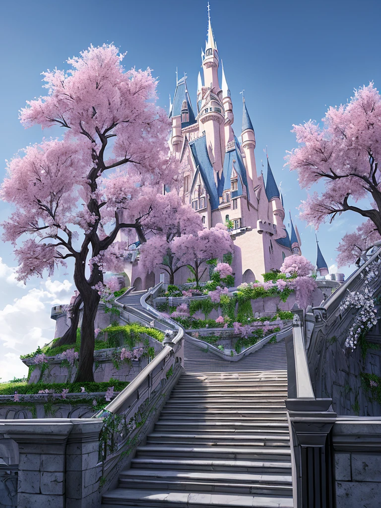 strenght, castle, offwhite, grimdark, staircase,
 natta, vampires, city around, TREES, flowers, detailded, high qualiy, fancy.