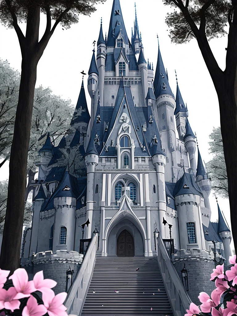 strenght, castle, offwhite, grimdark, staircase,
 natta, vampires, city around, TREES, flowers, detailded, high qualiy, fancy.
