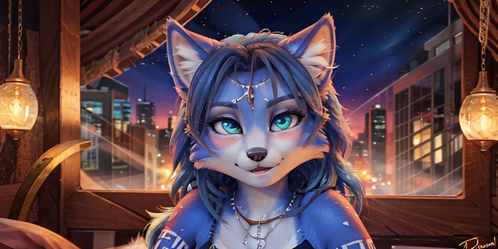 A beautiful and detailed (sweet portrait) wa ((Krystal)), Star Fox Krystal, sslim, lovable, green eyes, medium breasts, (((Long blue hair 1.3))), Decollete, anthro, furry, Uploaded E621, detailed fluffy fur, (wa Fluff-Kevlar, Bayard Wu, Personalami, Pino Daeni), detailed face, (fluffy), 1 girl, alone, sweet girl, 
