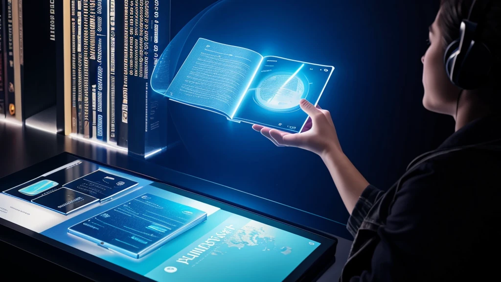 translucent books hovering in mid-air. In the foreground, a person is interacting with a holographic display projected from a smartphone. The display showcases the Audible app interface with dynamic visual representations of audiobook covers and immersive sound waves emanating from the device.