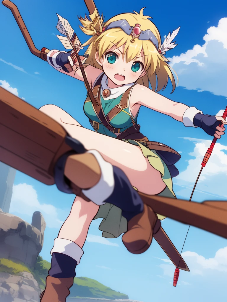 Fanna, 1girl, weapon, solo, bow (weapon), aiming, arrow (projectile), drawing bow, boots, gloves, holding arrow, circlet, , sky, 
masterpiece, high quality, very_high_resolution, large_filesize, full color,