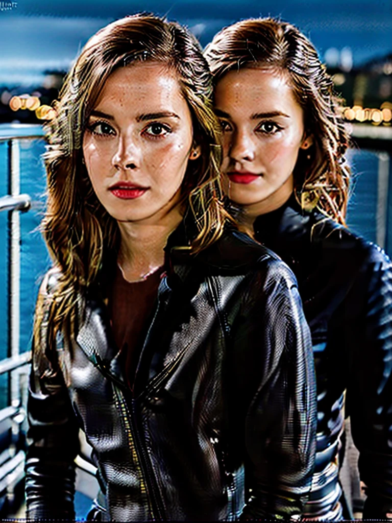 (masutepiece), Full body shot, photo of the whole motorcycle, Cute young woman in Japan, Ride an old traditional shiny metallic silver motorcycle at the wharf, glamorous shape, shoulder length shiny smooth light brown hair, Wearing a leather black riding jacket, Glossy satin red bikini under riding jacket, Leather Black Riding Gloves, Leather Black Pants, Leather Black High Heel Long Boots, staring at night view over the sea, absolutely pretty face, Double eyelids, Natural makeup, long eyelashes, Glossy lips, 8K resolution, high details, detailed hairstyle, Detailed face, Black eyes, elegent, epicd, Cinematic lighting, Octane Rendering, Vibrant, Hyper realistic, Fair skin, Perfect limbs, Perfect Anatomy