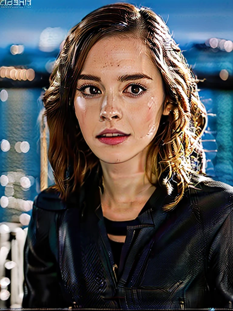 (masutepiece), Full body shot, photo of the whole motorcycle, Cute young woman in Japan, Ride an old traditional shiny metallic silver motorcycle at the wharf, glamorous shape, shoulder length shiny smooth light brown hair, Wearing a leather black riding jacket, Glossy satin red bikini under riding jacket, Leather Black Riding Gloves, Leather Black Pants, Leather Black High Heel Long Boots, staring at night view over the sea, absolutely pretty face, Double eyelids, Natural makeup, long eyelashes, Glossy lips, 8K resolution, high details, detailed hairstyle, Detailed face, Black eyes, elegent, epicd, Cinematic lighting, Octane Rendering, Vibrant, Hyper realistic, Fair skin, Perfect limbs, Perfect Anatomy