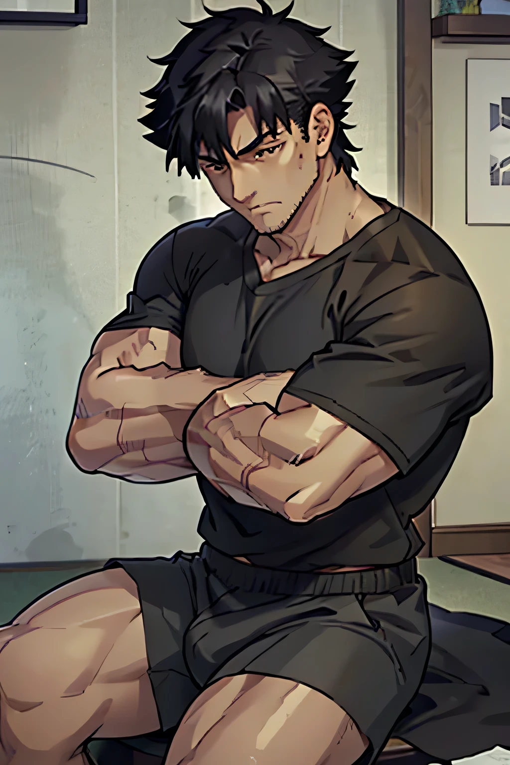 Kiritsugu is sitting and flexing his buff biceps and thighs. He wears black short boxershorts. You can see his thighs completely. He is wearing a black tshirt with short sleeves. His sleeve is rolled up completely, so you can see his entire arm and shoulder. He is admiring his arms. He has a huge bulge. You can see his abs too.